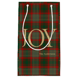 Modern Merry Christmas script Joy tartan red Small Gift Bag