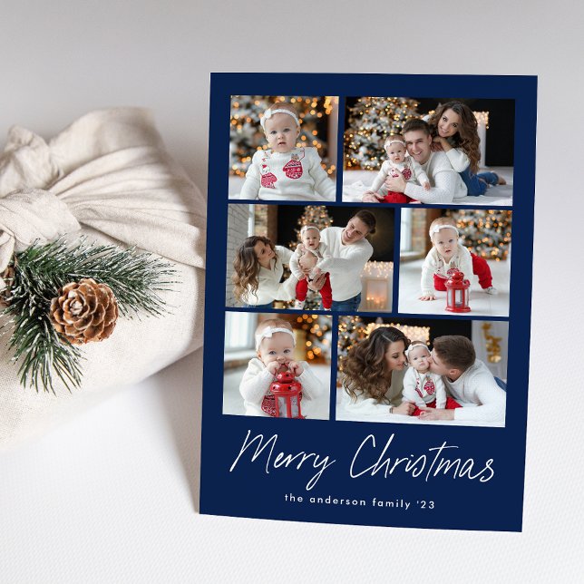 Modern Merry Christmas Script Navy 6 Photo Collage Holiday Card (Creator Uploaded)