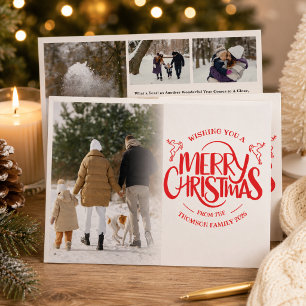 Modern Merry Christmas Script Overlay Multi Photo Holiday Card