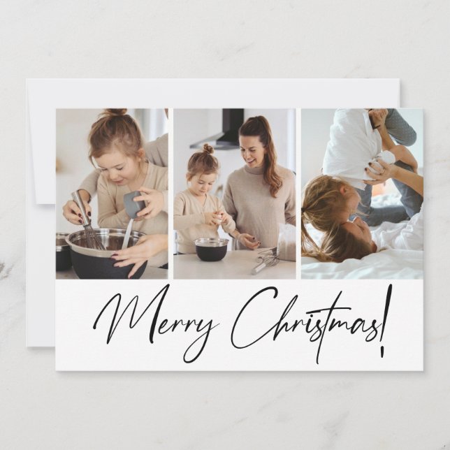 Modern Merry Christmas Script Parent Child Photos Holiday Card (Front)