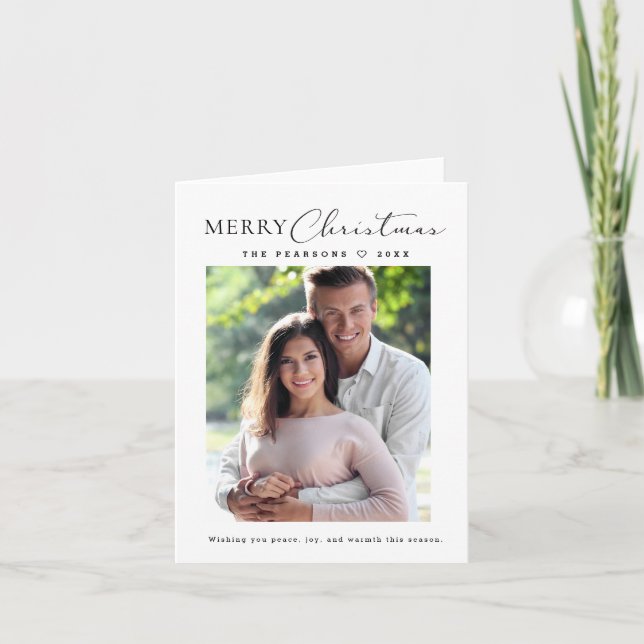 Modern Merry Christmas Script Photo Minimalist Holiday Card (Front)