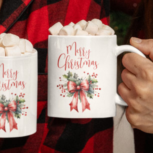 Modern Merry Christmas Script Red Bow Coffee Mug