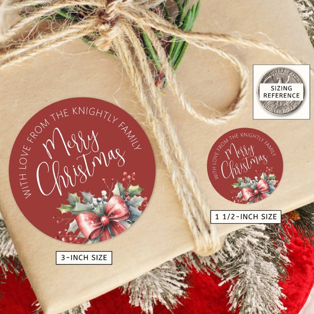 Modern Merry Christmas Script Red Bow From Name Classic Round Sticker (Creator Uploaded)