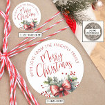 Modern Merry Christmas Script Red Bow From Name Classic Round Sticker<br><div class="desc">Add a special touch to your Christmas gifts with these personalised FROM stickers featuring MERRY CHRISTMAS in modern calligraphy script typography accented with a watercolor red bow and holly. ASSISTANCE: For help with design modification or personalisation, resizing, transferring the design to another product or if you would like coordinating items,...</div>