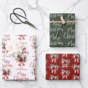 Modern Merry Christmas Script Red Bow Holly Name Wrapping Paper Sheet