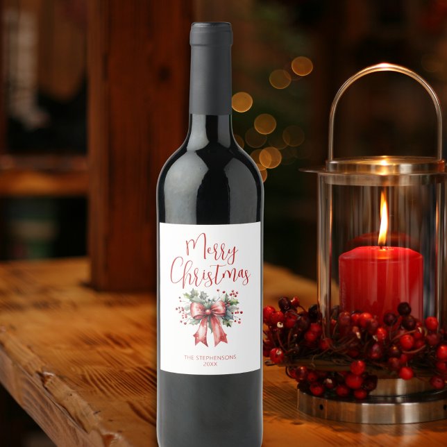 Modern Merry Christmas Script Red Bow Holly Wine Label (Creator Uploaded)