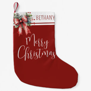 Modern Merry Christmas Script Red Bow Name Small Christmas Stocking