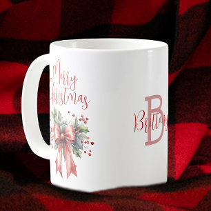 Modern Merry Christmas Script Red Bow Personalised Coffee Mug