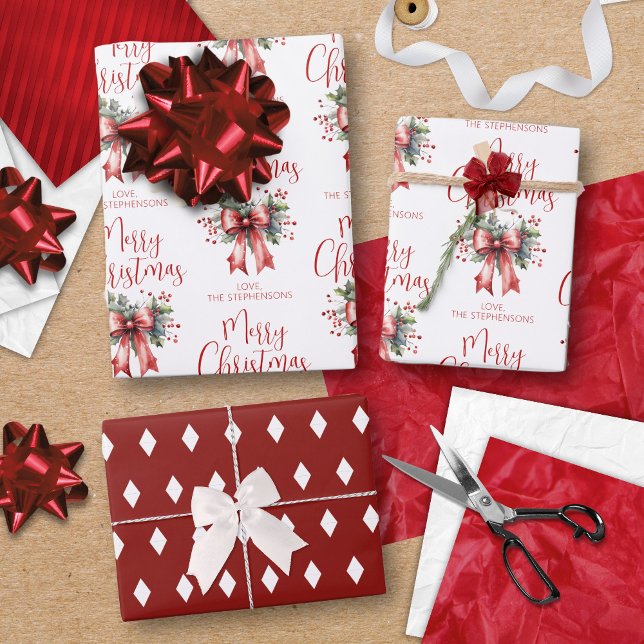 Modern Merry Christmas Script Red Bow Personalised Wrapping Paper Sheet (Creator Uploaded)