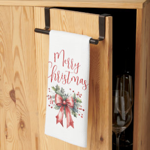 Modern Merry Christmas Script Red Bow Tea Towel