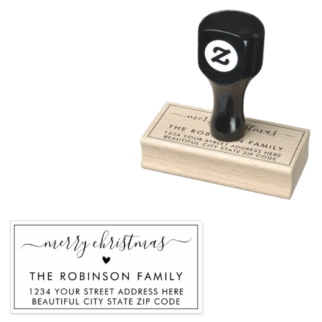 Modern Merry Christmas Script Return Address Heart Rubber Stamp (Stamped)