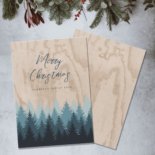 Modern Merry Christmas Script Rustic Wood Forest Holiday Card (Creator Uploaded)