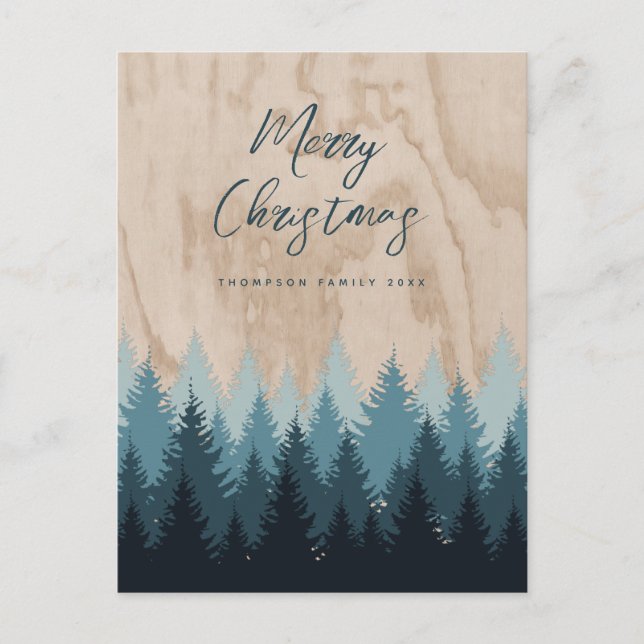 Modern Merry Christmas Script Rustic Wood Forest  Holiday Postcard (Front)