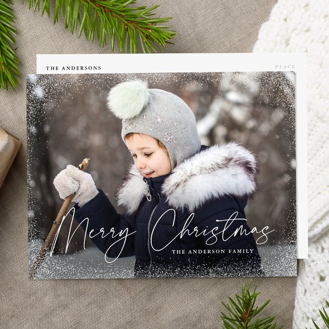 Modern Merry Christmas Script Snow Flurry Photo Holiday Postcard (Creator Uploaded)