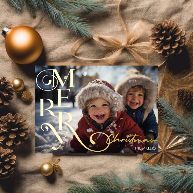 Modern Merry Christmas Script Typography 1 Photo Foil Holiday Card (Modern Merry Christmas Script Typography 1 Photo Foil Holiday Card)