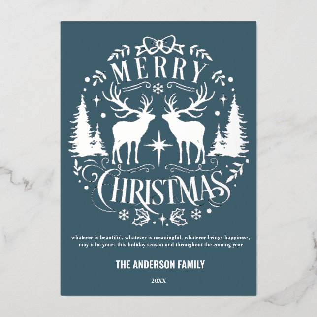 Modern Merry Christmas Silver Reindeer Foil Card (Front)