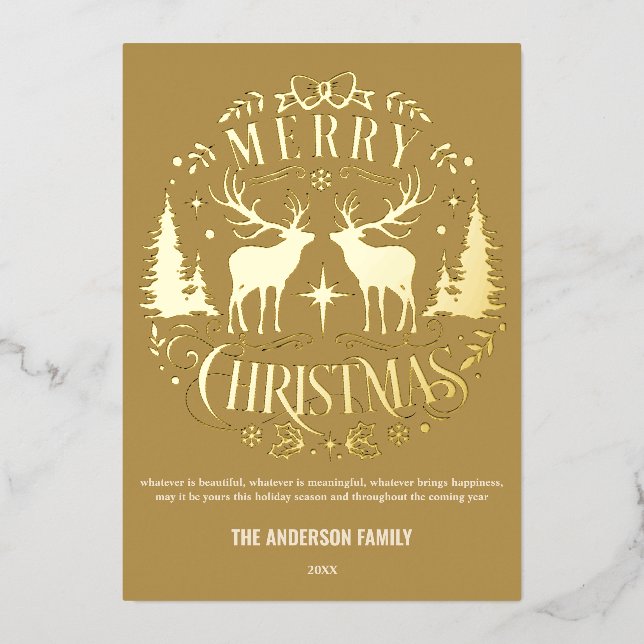 Modern Merry Christmas Silver Reindeer Foil Card (Front)