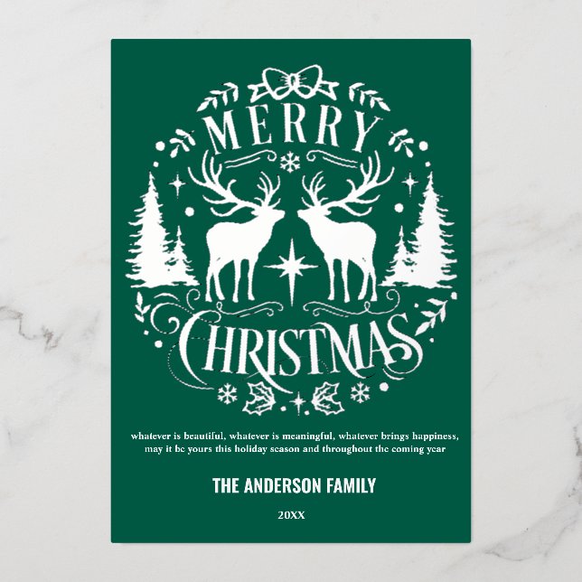 Modern Merry Christmas Silver Reindeer Foil Card (Front)