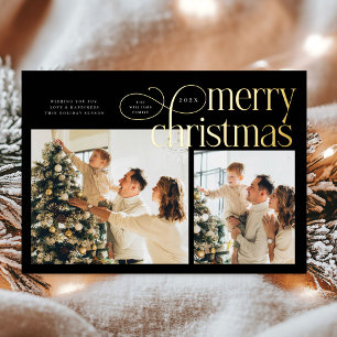 Modern Merry Christmas simple 2 photos family Foil Holiday Card
