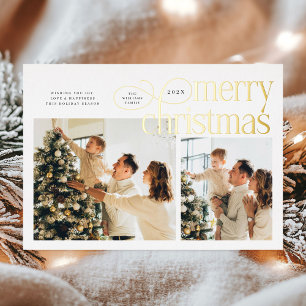 Modern Merry Christmas simple 2 photos family Foil Holiday Card