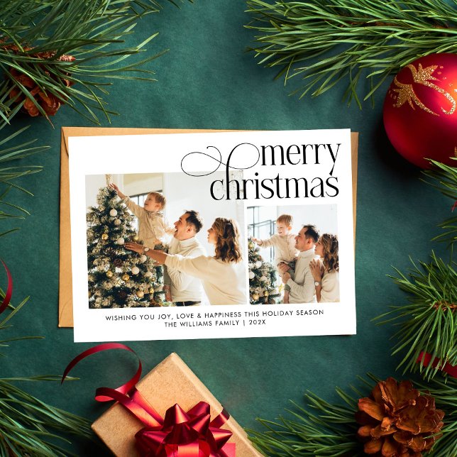 Modern Merry Christmas simple 2 photos family  Holiday Card (Creator Uploaded)