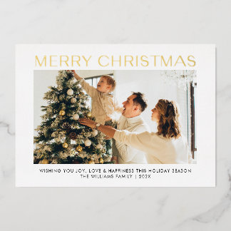 Modern Merry Christmas simple 4 photos family Foil Holiday Card