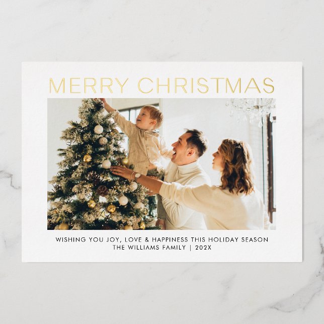 Modern Merry Christmas simple one photo family  Foil Holiday Card (Front)