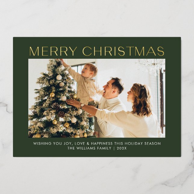 Modern Merry Christmas simple one photo family  Foil Holiday Card (Front)