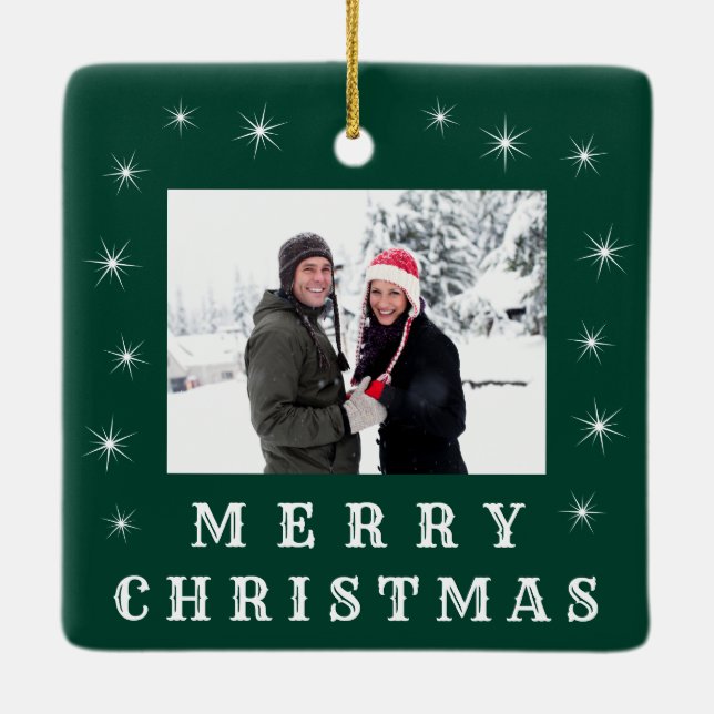 Modern Merry Christmas Snow Family Photo Green Ceramic Ornament (Back)