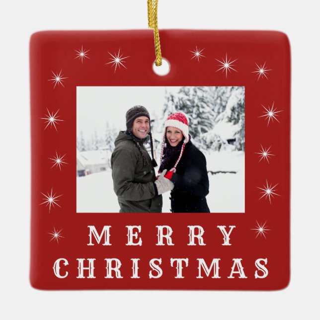 Modern Merry Christmas Snow Family Photo Red Ceramic Ornament (Front)