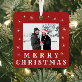 Modern Merry Christmas Snow Family Photo Red Metal Tree Decoration