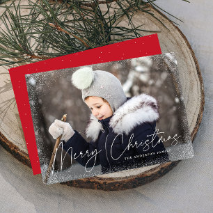 Modern Merry Christmas Snow Flurries Red Photo Holiday Card