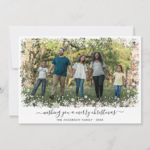 Modern Merry Christmas Snow Snowflake Script Photo Holiday Card