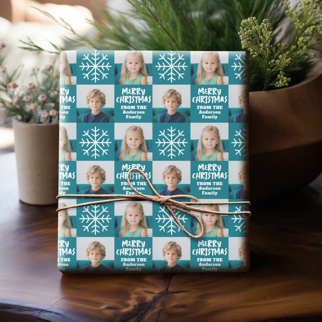 Modern Merry Christmas Snowflake - 2 Photo Wrapping Paper (Personalized Photo Wrapping Paper)