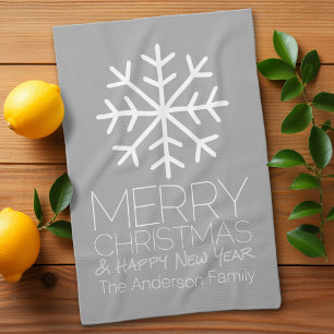 Modern Merry Christmas Snowflake - silver grey Tea Towel
