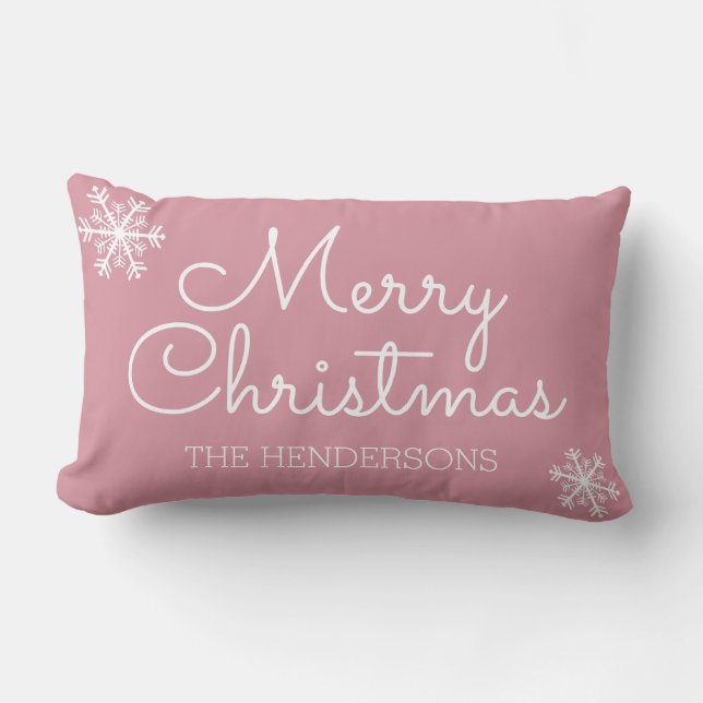 Modern Merry Christmas Snowflakes Family Name Lumbar Cushion (Front)