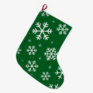 Modern Merry Christmas Snowflakes Pattern Green Large Christmas Stocking