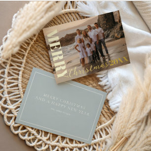 Modern Merry Christmas Soft Blue One Photo Gold  Foil Holiday Card