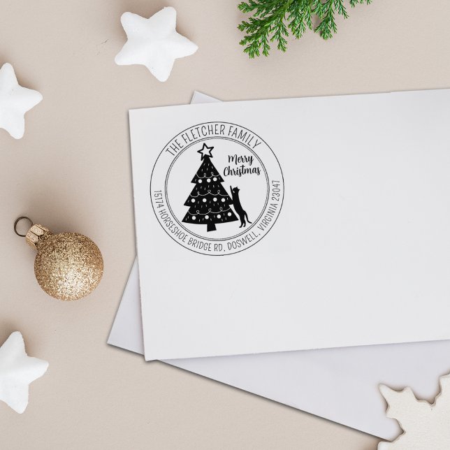 Modern Merry Christmas Tree Cat Return Address Rubber Stamp (Creator Uploaded)