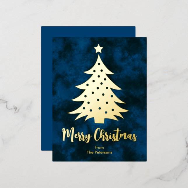 Modern Merry Christmas Tree Custom Name Blue Gold  Foil Holiday Postcard (Front/Back)