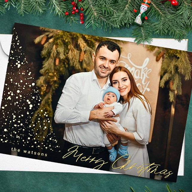 Modern Merry Christmas Tree Custom Photo Foil Holiday Card (Creator Uploaded)