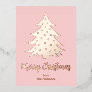 Modern Merry Christmas Tree Custom Rose Gold Foil Holiday Postcard