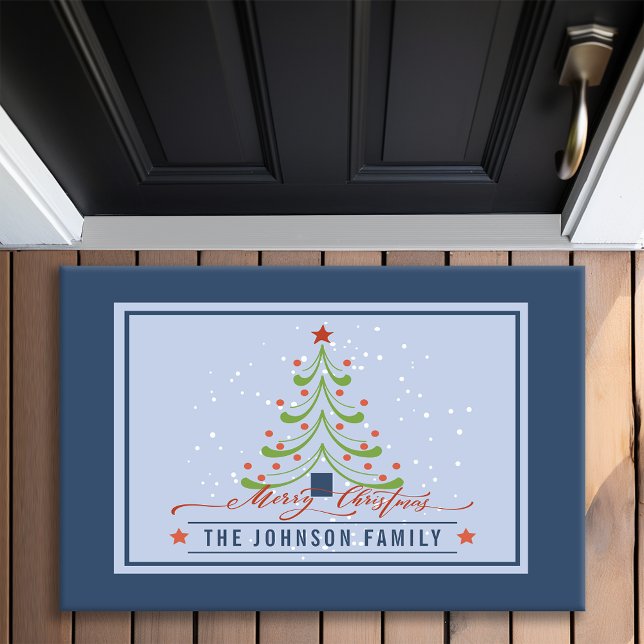 Modern Merry Christmas Tree Family Name Monogram Doormat (Creator Uploaded)