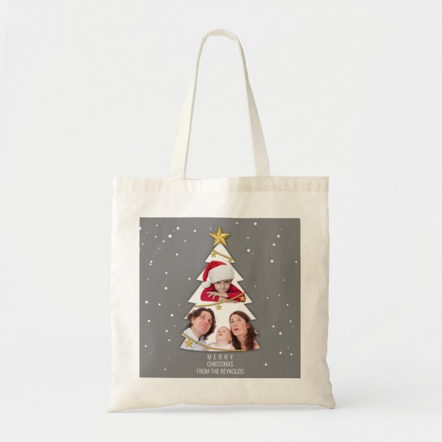 Modern Merry Christmas Tree Photo Collage Gray Tote Bag (Front)