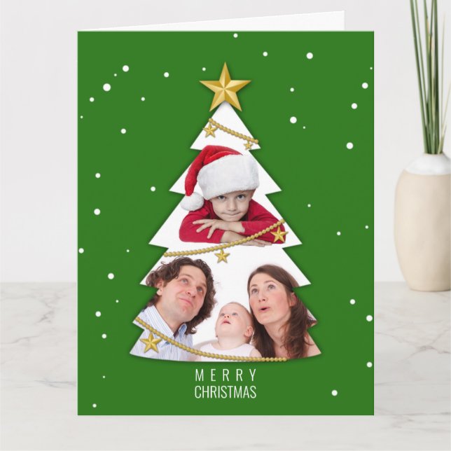 Modern Merry Christmas Tree Photo Collage Green Card (Front)
