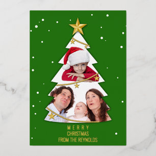 Modern Merry Christmas Tree Photo Collage Green Foil Holiday Card