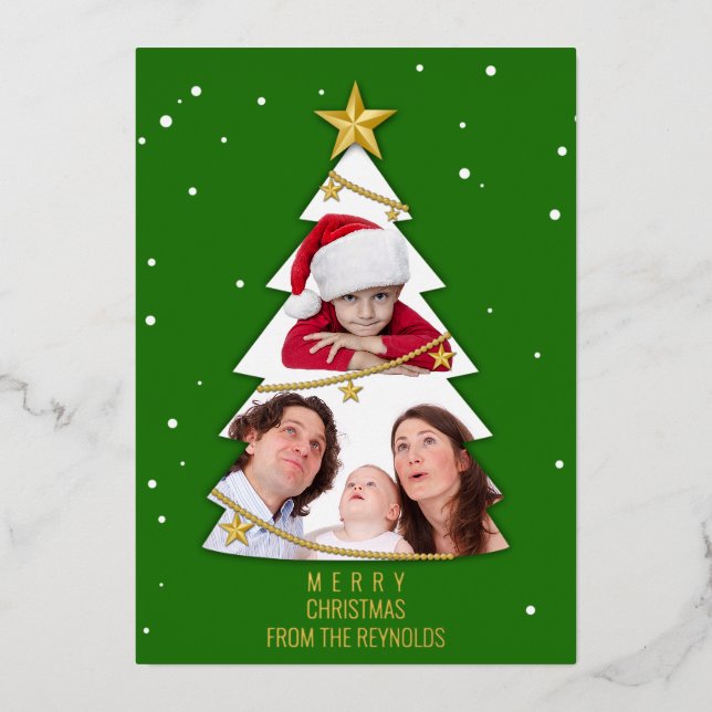 Modern Merry Christmas Tree Photo Collage Green Foil Holiday Card (Front)