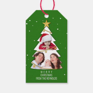 Modern Merry Christmas Tree Photo Collage Green Gift Tags