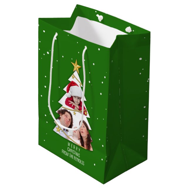 Modern Merry Christmas Tree Photo Collage Green Medium Gift Bag (Front Angled)