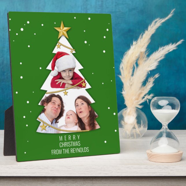 Modern Merry Christmas Tree Photo Collage Green Plaque (Side)
